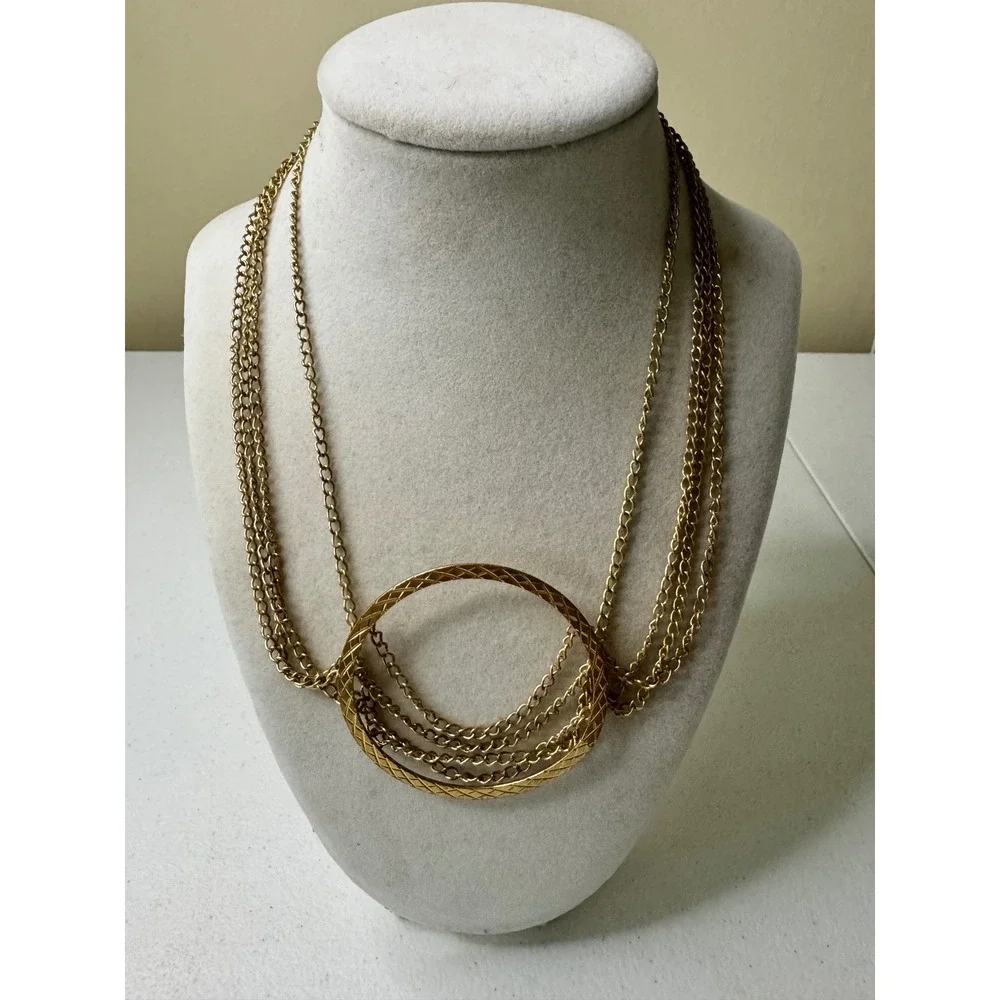 Superstar Gold Tone Triple Chain Layered Hoop Pendant Necklace Y2K Quiet Luxury